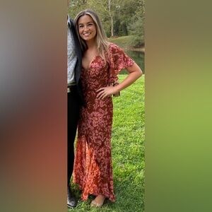 Rust Floral Ruffle Sleeve Dress - Wedding Guest Dress